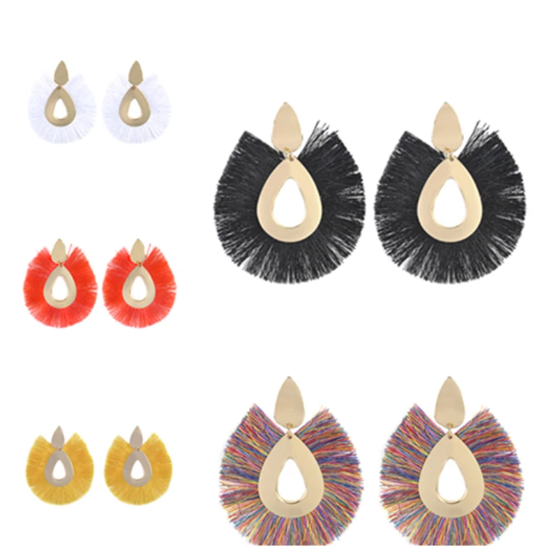 

New 5 Colors Exaggerated alloy fan tassel earrings Bohemia Fringe Earrings Waterdrop Tassel dangles Earring vintage Jewelry