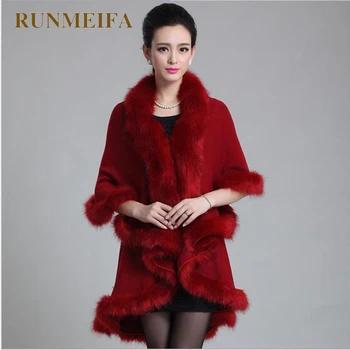 

New Winter Womens Capes and Ponchos Fashion Fake Fox Fur Collar Cashmere Sweater Women Knitted Cardigan Poncho
