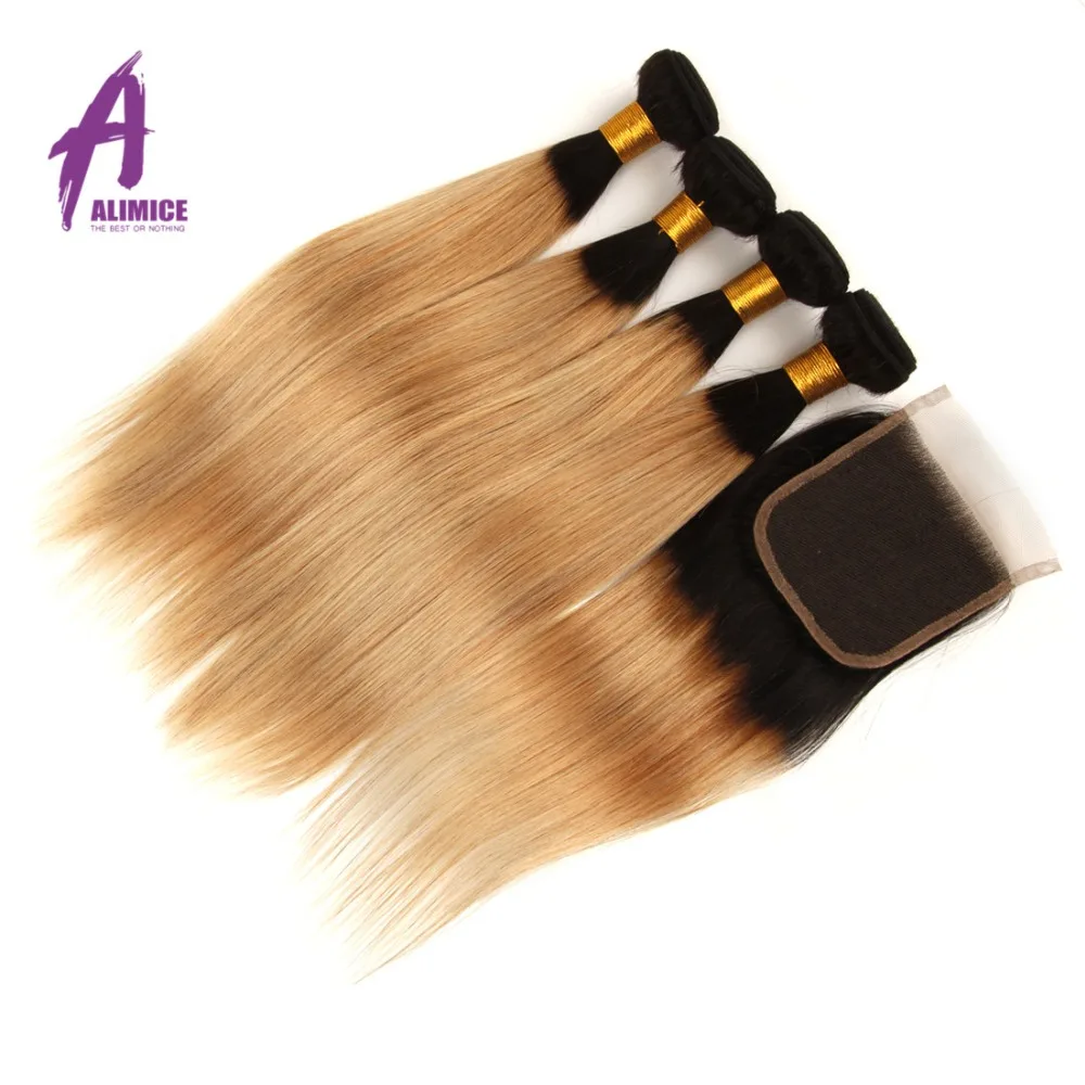 

Alimice Ombre Brazilian Straight Hair 3 4 Bundles With Closure T1B/27 Honey Blonde Bundles With Closure Remy Human Hair Weave