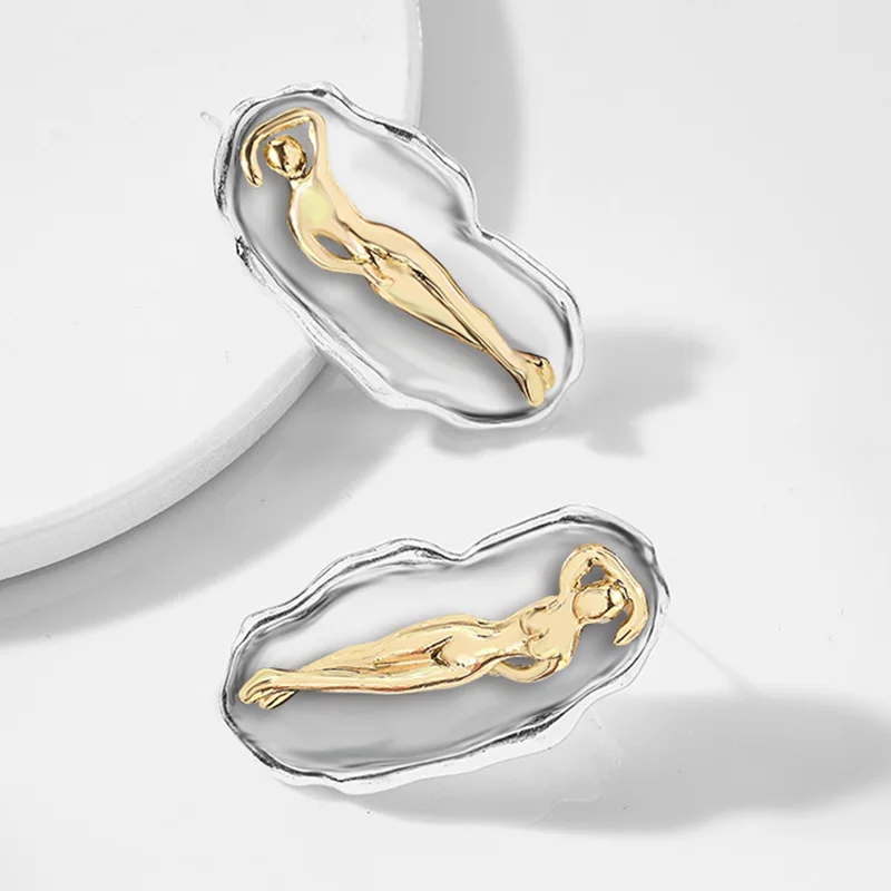 

S925 Pin Anti-allergy Silver Gold Color Figure Irregular Oval Geometric Stud Earrings for Women Lady's Fashion Stud Earring