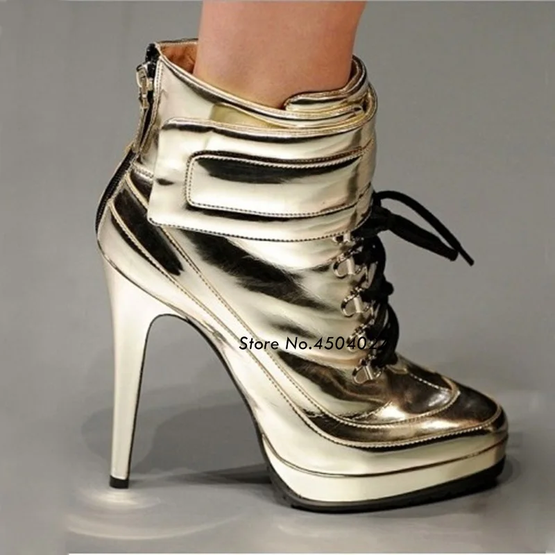 Серебристые ботильоны в стиле панк; женская обувь на платформе и высоком каблуке со шнуровкой; женские полусапожки с острым носком; женская обувь - Цвет: color 3