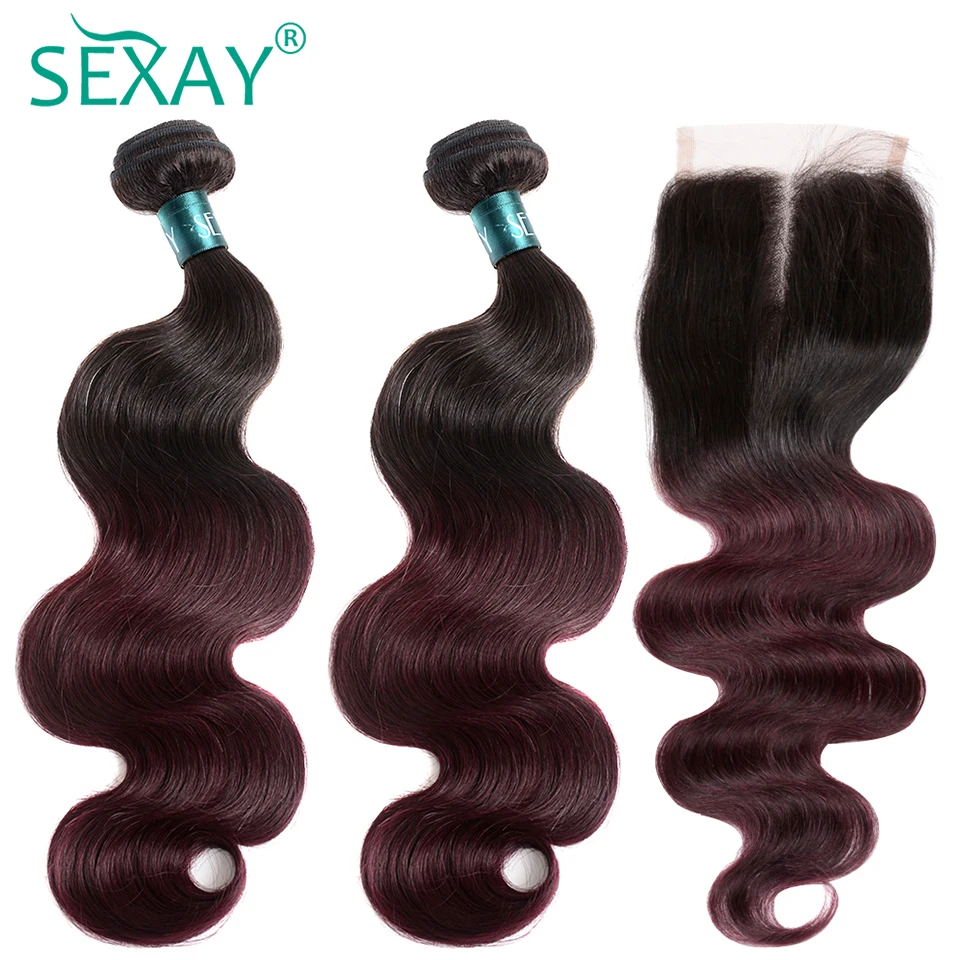 

1B/99J Burgundy Brazilian Body Wave Ombre Bundles With Closure SEXAY Pre Colored Human Hair Weave Non Remy Bundles With Closure