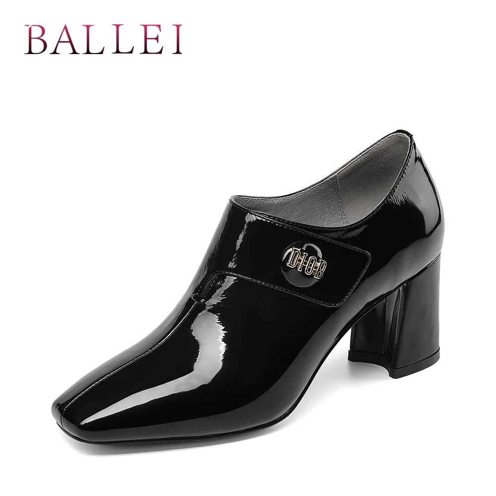

BALLEI Luxury Woman Pumps High Quality Patent Leather Retro Square Toe Thick Heel Shoes Solid Buckle Slip-on Fashion Pumps D89