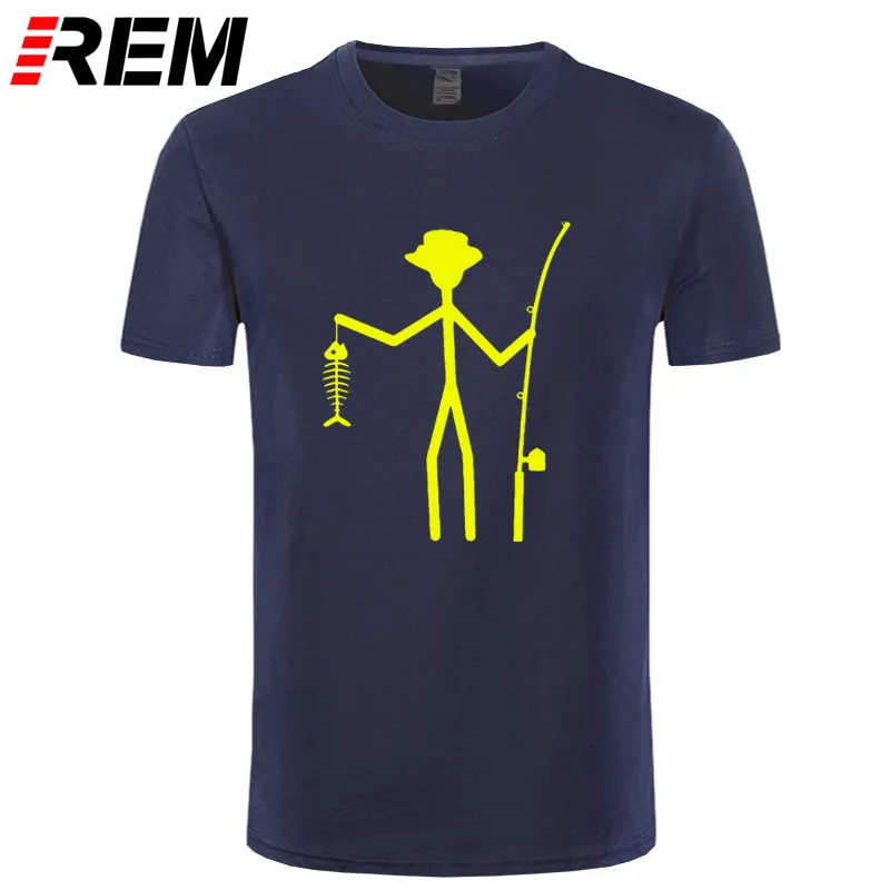 Крутая забавная футболка мужские футболки высокого качества мужские рыбацкие палочки фигура держа рыбы кости хлопковые футболки с коротким рукавом - Цвет: navy yellow