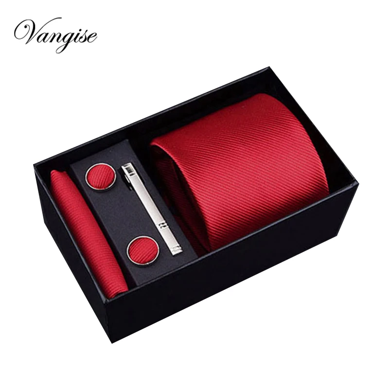 

Men Tie Red Polyester silk Jacquard Woven Necktie Gravata Corbatas Hanky Cufflinks&clips Tie Set for Men Formal Wedding Party