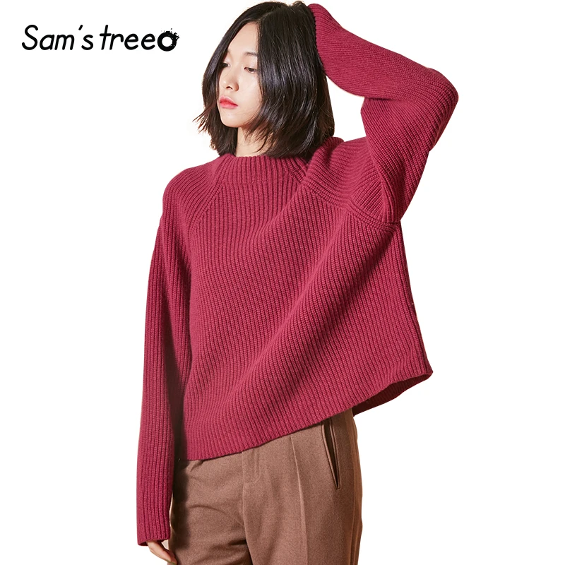 

Samstree Winter Streetwear Female Sweaters Solid Color Women Knitted Pullover Raglan Sleeve Simple Young Lady Tops