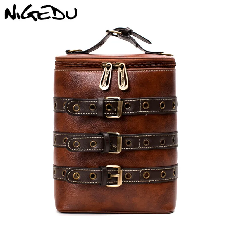 

Vintage Mini Bucket Shape Women Backpack Schoolbag PU Leather Buckle Women's Shoulder bag Multifunction Backpacks female Brown