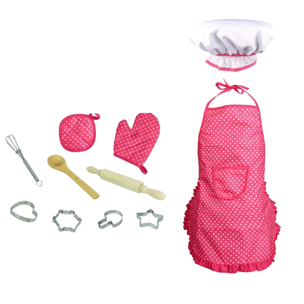 11pcs Kitchen Cooking Set Chef Apron Cap Glove Props, Whisk Cake Molds Tools Kit Toy Kids Development Educational Pretend Play