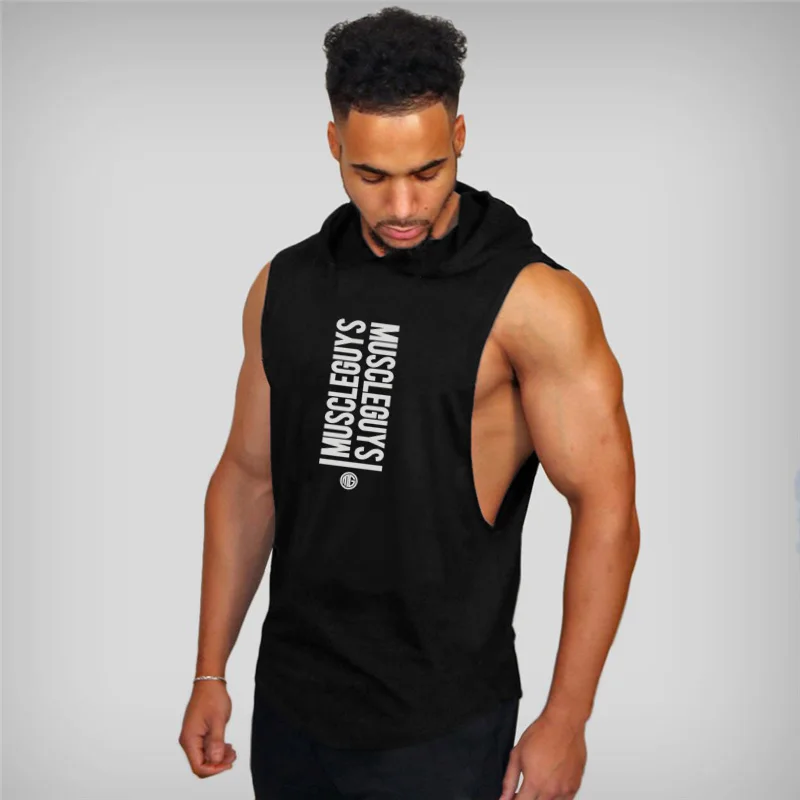 

Muscleguys Brand Gyms Clothing Cotton Sleeveless Hoodie Men Slim fit Workout Fitness Vest Bodybuilding Stringer Tank Top Hoody