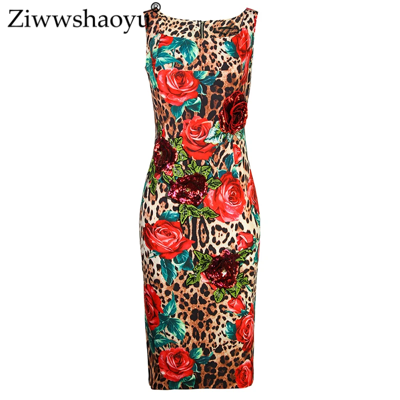 

Ziwwshaoyu Elegant 3D Applique Pencil dresses rose Leopard Print temperament Square Collar dress Spring and summer new women's