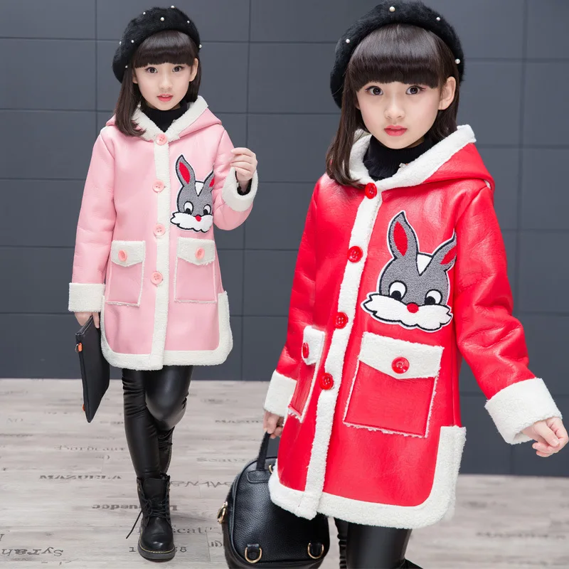 

Girls winter plus velvet pu leather coat 2017 new popular cartoon hooded warm jackets children's winter outwears 3-12 years old