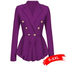 Размера плюс Двойной Брестед Золотой Кнопка пиджак с рюшами Feminino женские офисные формальный жакет, белый блейзер Для женщин костюм