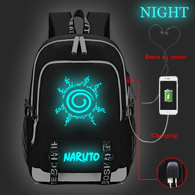 Классический Аниме Наруто светящийся USB зарядка школьные сумки для студентов мальчиков девочек Школьный рюкзак Наруто школьный модный рюкзак