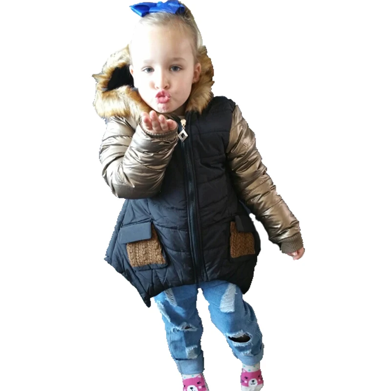 girls winter parka 4 13 years children's coat hooded Fur collar Golden