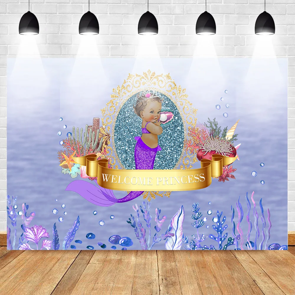 

Welcome Princess Theme Baby Shower Backdrop for Photography Newborn Mermaid Birthday Party Background Underwater Purple Golden