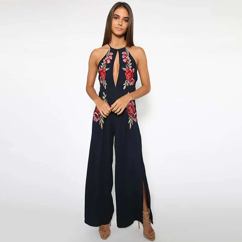 Dark Blue Sleeveless Open Back Side Slit Wide Leg Jumpsuits For Women