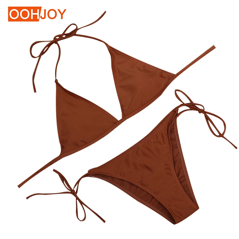 

2018 New Micro Bikini Women Swimsuit Strappy Bandage Bathing Suit Paded Halter Swimwear Solid Color Beachwear Mini Bikini Set