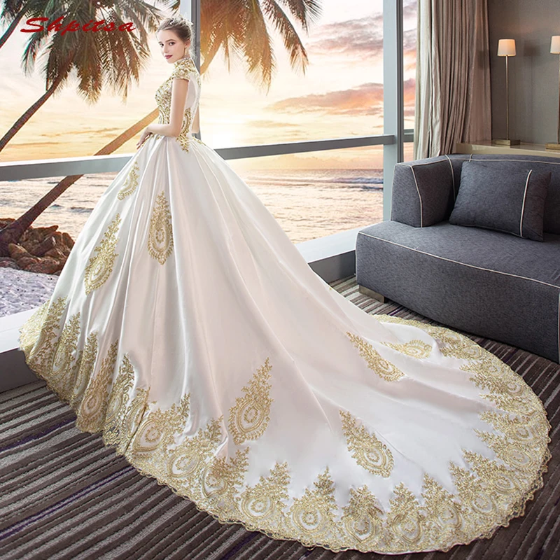 

Luxury Ball Gown Wedding Dresses Satin Turkey Lace Plus Size Arabic Bride Bridal Weding Weeding Dresses Gowns 2019