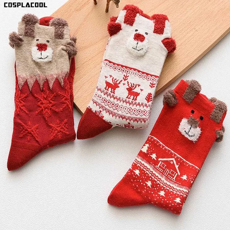 

[COSPLACOOL]3 Pairs New Christmas Gifts Socks Women Winter Warm Socks Soft Cotton Cute Santa Claus Deer Socks Christmas Socks