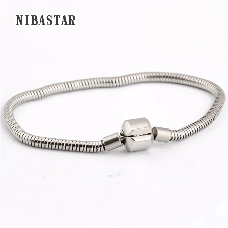 

Silver Plated Charm Bracelet Bangles Cilp Clasp Snake Chain Bangle Fit European Charms Silver Beads DIY Jewelry 18-20cm