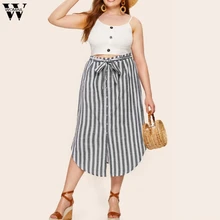 Womail размера плюс женские юбки в полоску с карманами элегантные миди юбки макси в полоску на пуговицах из хлопка и льна J25