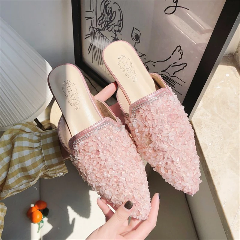 

2019 Spring Fashion Pink Fragment Rhinestone women slippers Party Shiny pointed toe outdoor Summer Mules Shoes sapato feminino