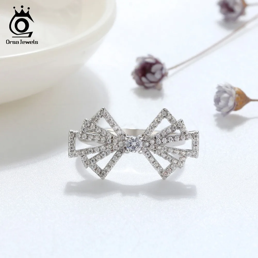 ORSA JEWELS Ring For Women Bowknot Big 24 MM Width Rings Romantic Style Engagement Party Original Silver Color Jewelry OR168