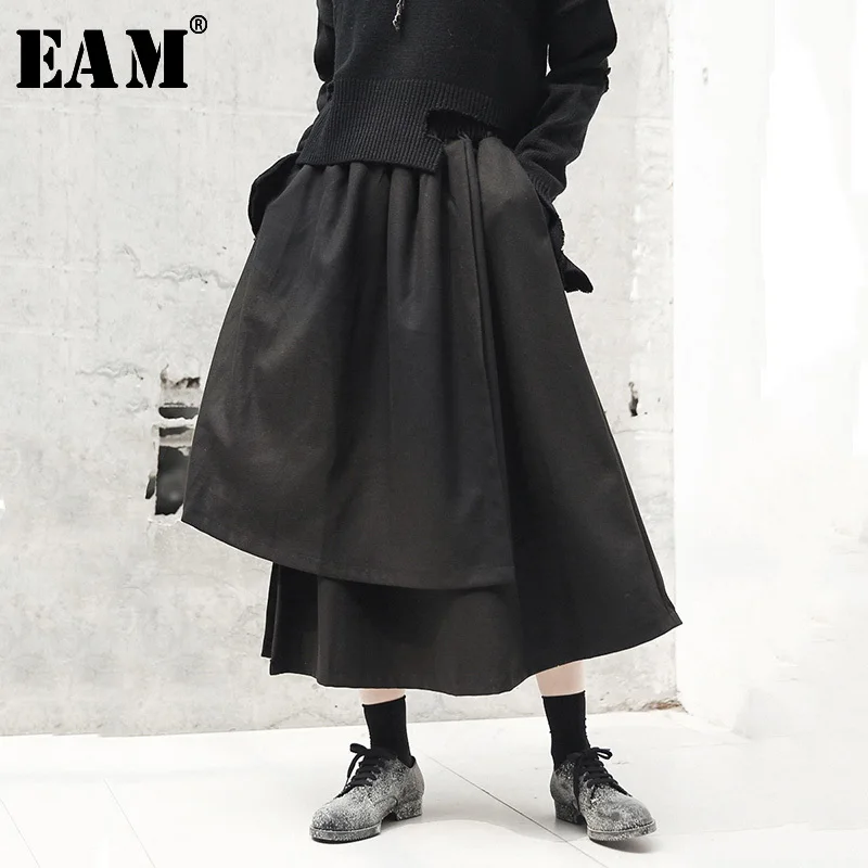 

[EAM] 2019 New Spring High Elastic Waist Black Loose Irregular Hem Stitch Half-body Skirt Women Fashion Tide JI505
