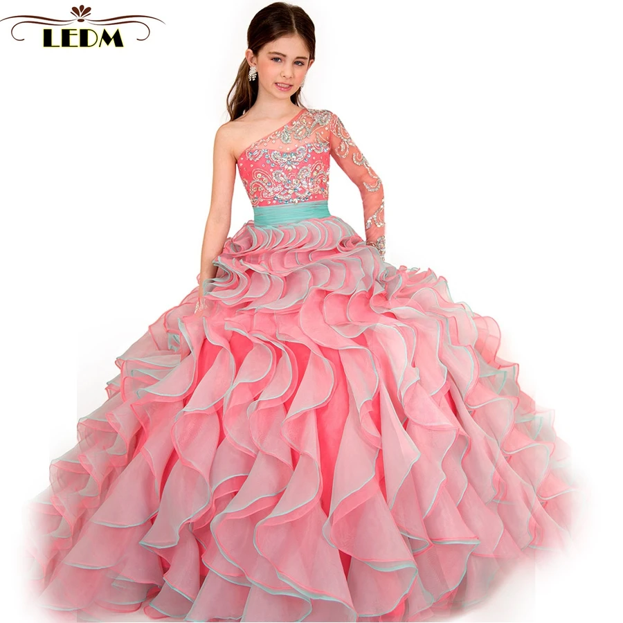 Kids evening gowns 2018 new crystal one shoulder long sleeves Children ...