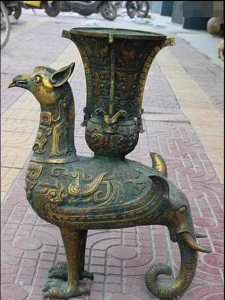 

free 23" Chinese Collect Bronze Gilt Elephant Bird Beast Phoenix Zun Vast Pot Statue fast