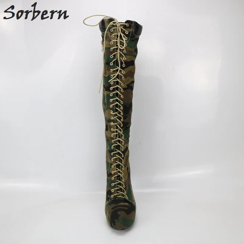 Mujeres Las Plataforma Piel Sorbern Tamaño Lona Verde Rodilla Camuflaje La Tacón Botas De Alto Becerro Altas Camouflage Para wvqwpzU