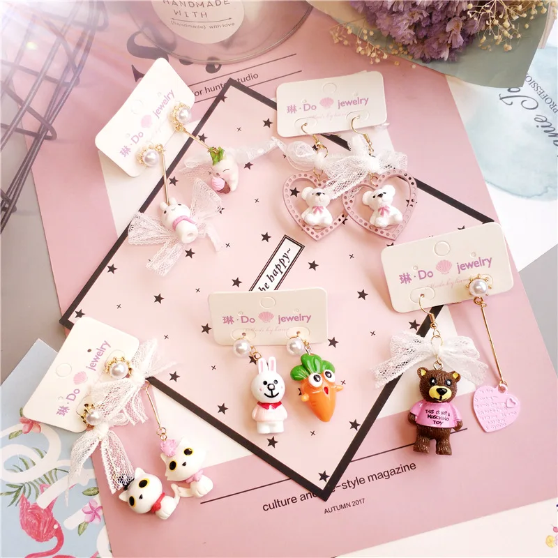 

Women Cartoon Rabbit Bear Bowknot Heart Asymmetry Cute Drop Bangle Earrings Korea Handmade Fashion Jewelry Holiday-JQD5