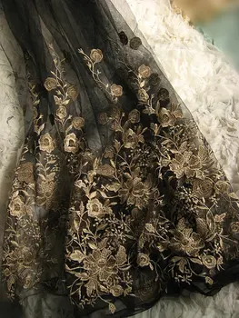 

1yard Black Embroidered Lace Gauze Fabric, Retro Gold Florals lace fabric, Baroque lace fabric
