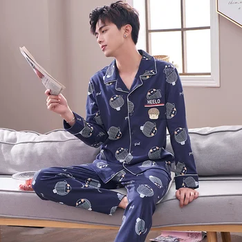 

Pajamas Men Cotton Pyjamas Set Long Sleeve Turn-down Collar Casual Cartoon Plus Size Men Sleepwear Nightwear Pijamas For Mens