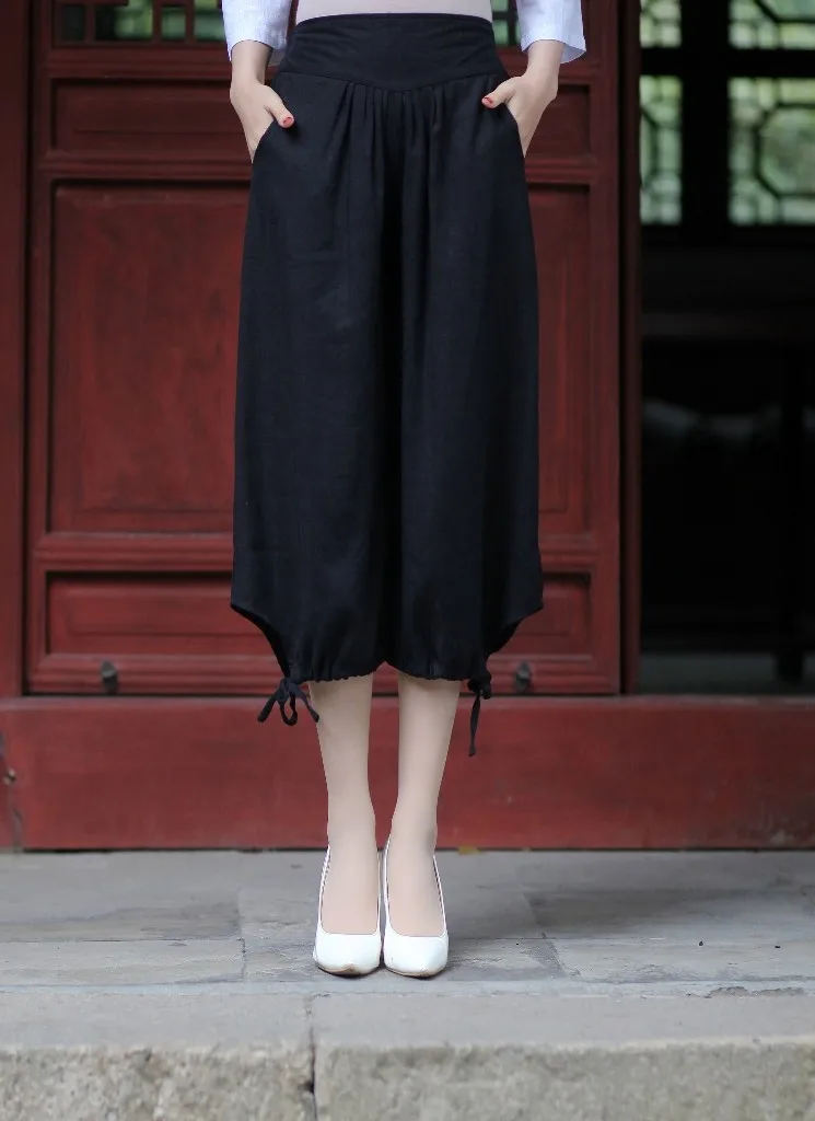 Женские льняные китайские традиционные брюки эластичный пояс широкие брюки капри 3 цвета