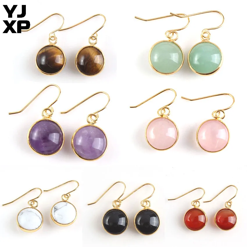 

YJXP Gold Color Round Rose Pink Quartz Whie Howlite Green Aventurine Cabochon Dangle Earrings For Women Jewelry