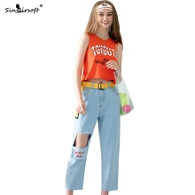 Летние хип-хоп рваные джинсы женские модные свободные широкие брюки хлопок мягкие девять очков джинсы вышивка повседневные джинсы хит