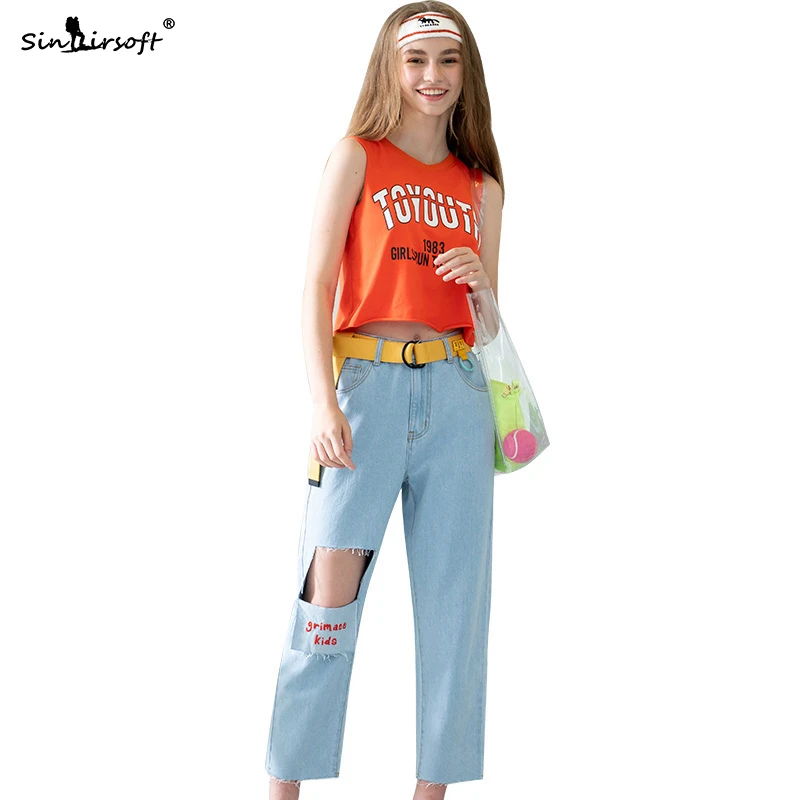 

Summer Hip-hop Hole Jeans Women's Fashion Loose Wide-leg Pants Cotton Soft Nine Points Jeans Embroidery Casual Jeans Hot