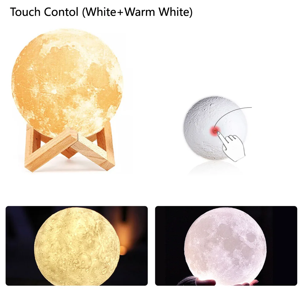 3D Print Moon LED Night Lights USB Powered Touch Control 2 Colors Temperature Desk Lamp Luminaria Light Creative Bookcase Decor