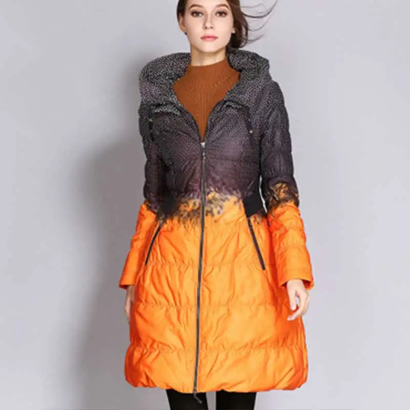 Chaqueta mujer, тонкий модный принт, контрастная юбка, Зимний пуховик для женщин,, модный принт, высокая горловина, хлопковая куртка, пальто, парка