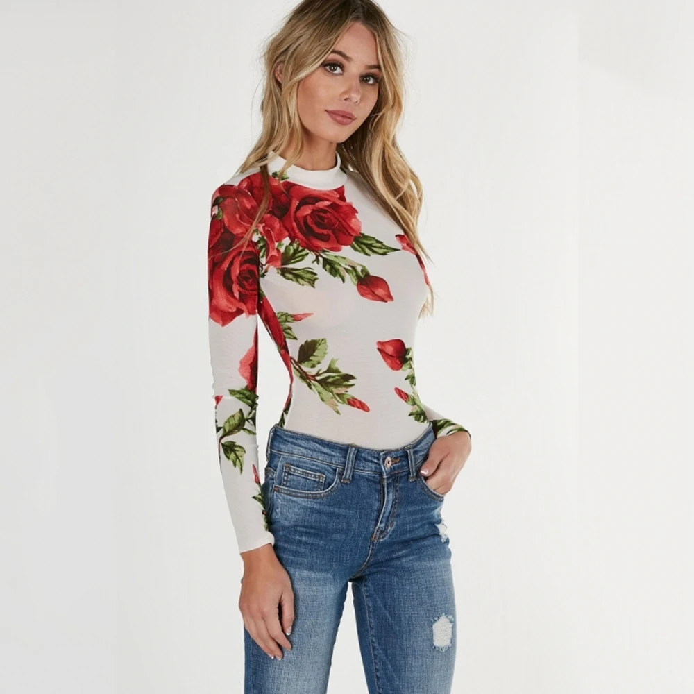 HYH HAOYIHUI Floral Print Turtleneck Bodycon Jumpsuits Women Long Sleeve Sexy Rose Elegant Mesh Slim Summer Female Bodysuits HYH HAOYIHUI Floral Print Turtleneck Bodycon Jumpsuits Women Long Sleeve Sexy Rose Elegant Mesh Slim Summer Female Bodysuits