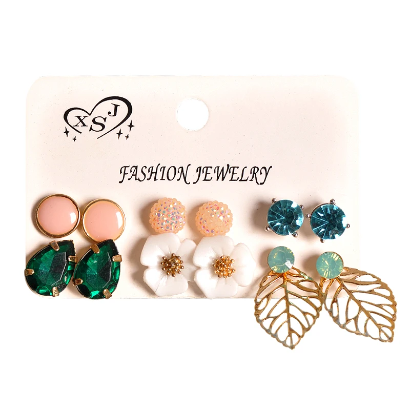 

New fashion women's jewelry wholesale beautiful earrings powder/blue/green mix 6 pairs /set fine earrings agent shipping