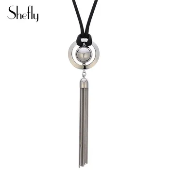 

Black Leather Long Tassels Pendant Necklace Circle With Ball Ethnic Long Sweater Chain Necklace Jewelry For Women Collier