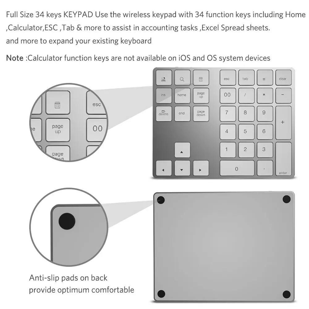 Zienstar Bluetooth цифровая клавиатура, Портативный Беспроводной; большие размеры 34-ключ внешний номер тормозные колодки для компьютера, ноутбука, Macbook, планшетный ПК с системой андроида