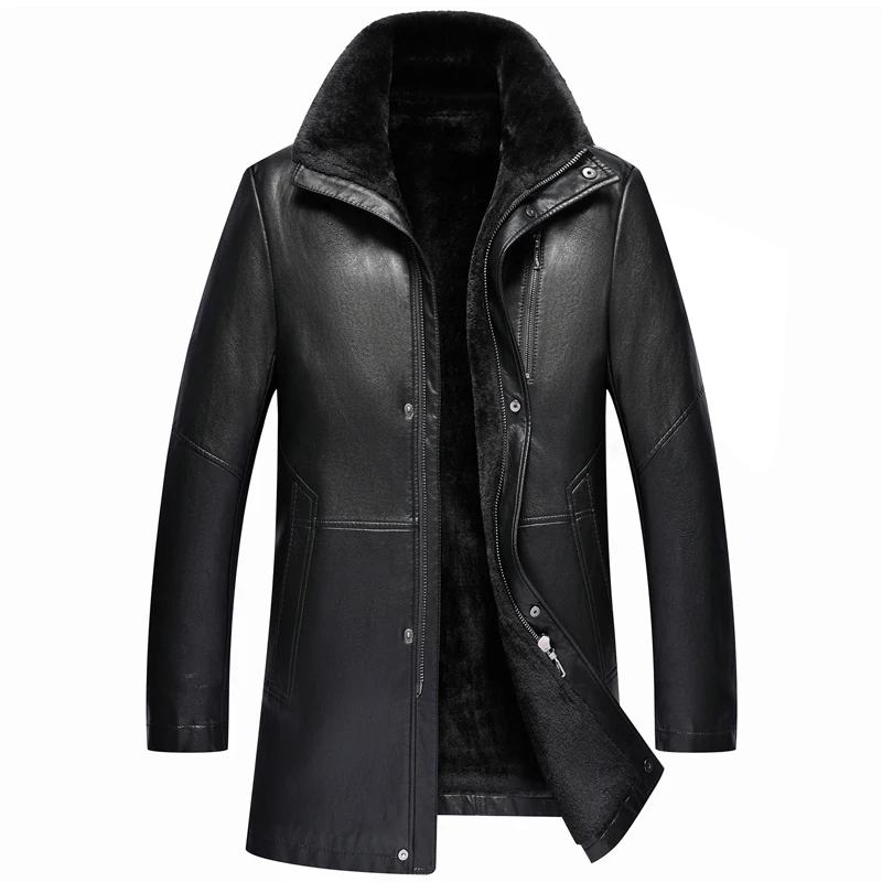 Черные мужские зимние теплые меха ягненка шерстяные повседневная куртка мужская меховой воротник Плюшевые куртка из искусственной кожи