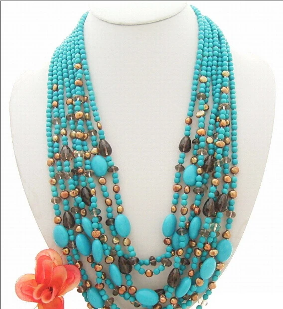 

Beautiful! 8Strds Pearl&Turquoise&Smoky Quartz Necklace