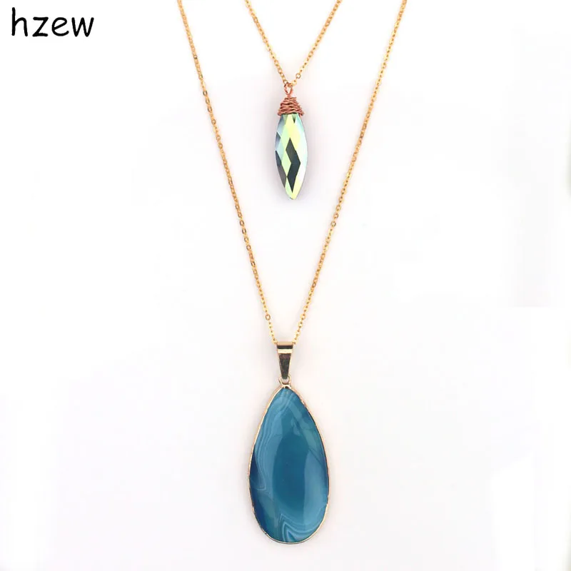 

hzew Gold color Blue Brazilian Irregular Natural Stone Quartz Pendant Statement Multilayer Necklace Women Bijoux