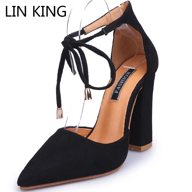 

LIN KING Fashion Lace Up Women Square Heel Pumps Solid Flock High Heel Shoes Summer Pointed Toe Office Career Shoes Big Size 43