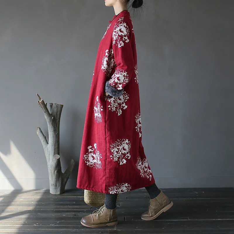 Johnature, новинка, зимнее женское винтажное платье с цветочным принтом, плотное теплое платье на пуговицах, оригинальное платье Чонсам в китайском стиле