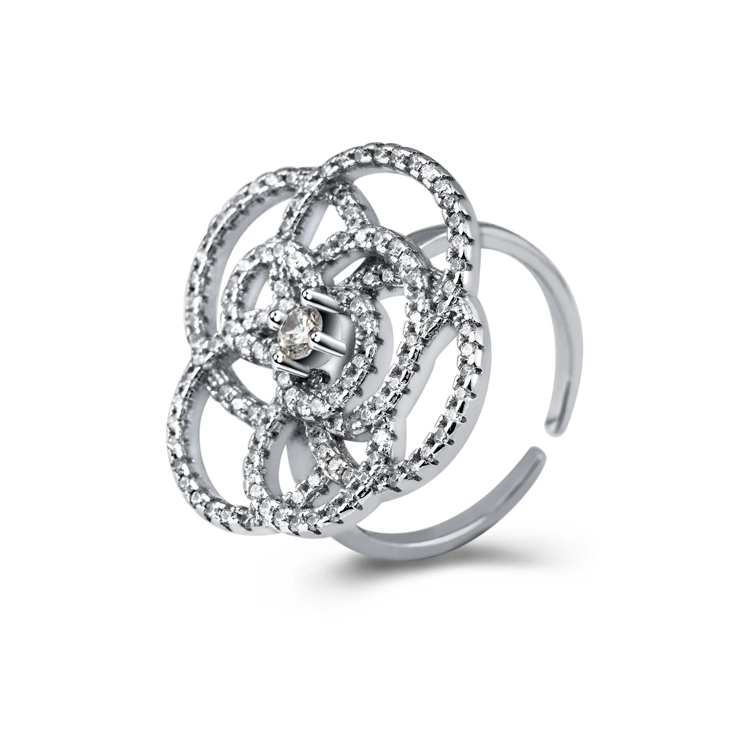 

Fashion CZ Hollow Flower Solid 925 Sterling Silver Adjustable Ring